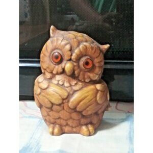 Vintage Ceramic Owl Figurine  5"x4" tan color orange eyes ?BYRON MOLD
